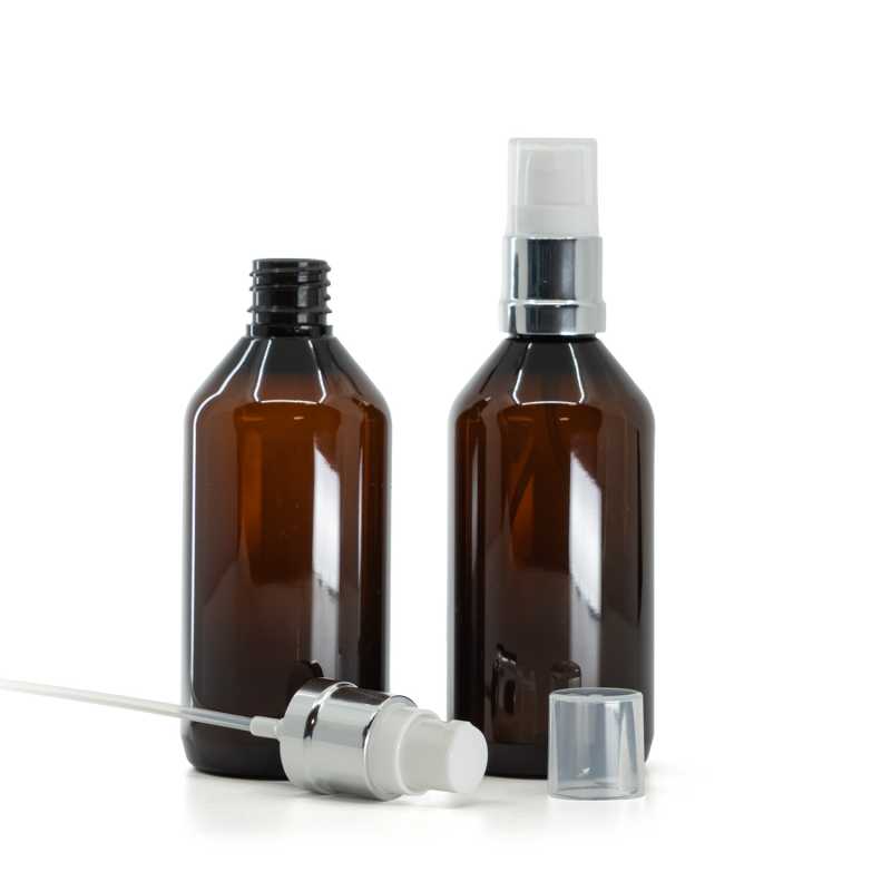 Amber Plastic Bottle, Glossy Silver White Pump, 115 ml