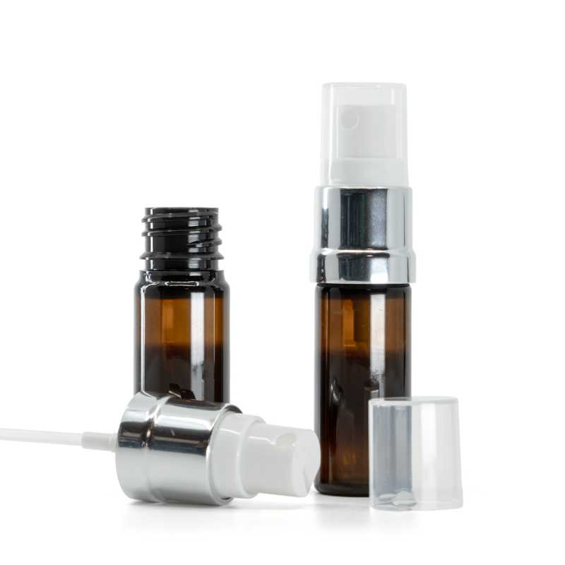 Amber Plastic Bottle, Silver White Spray, 10 ml