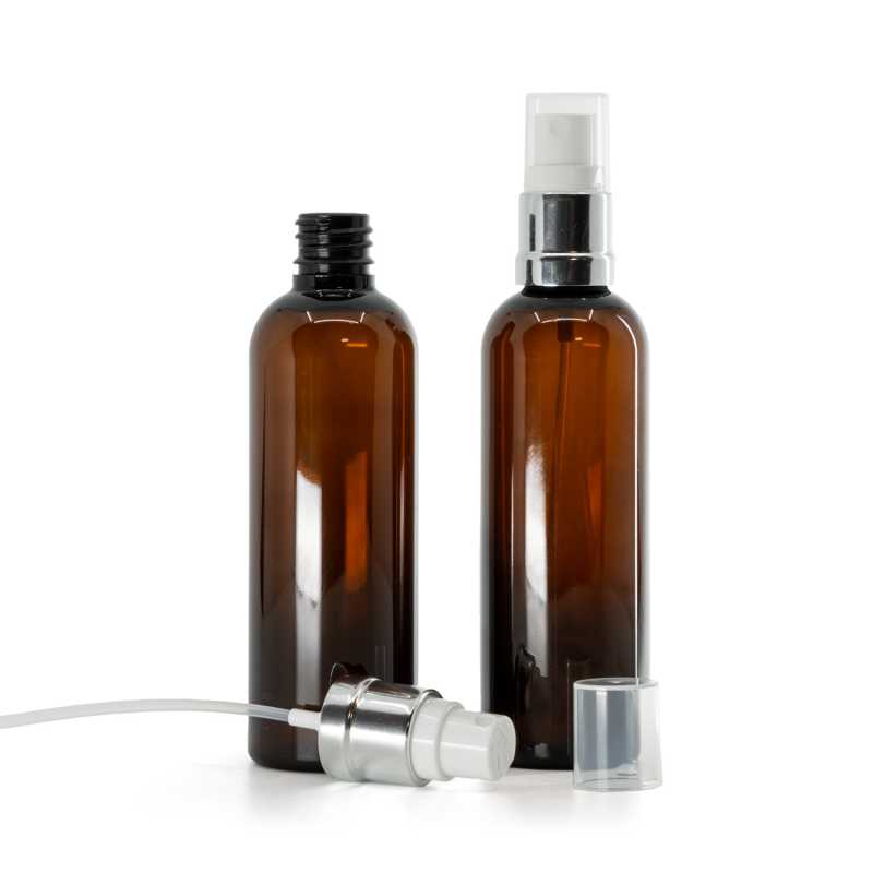 Amber Plastic Bottle, Silver White Spray, 100 ml