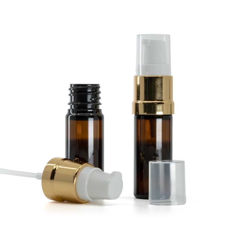 Amber Plastic Bottle, Glossy Gold White Pump, 10 ml