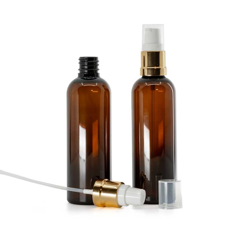 Amber Plastic Bottle, Glossy Golden White Pump, 100 ml