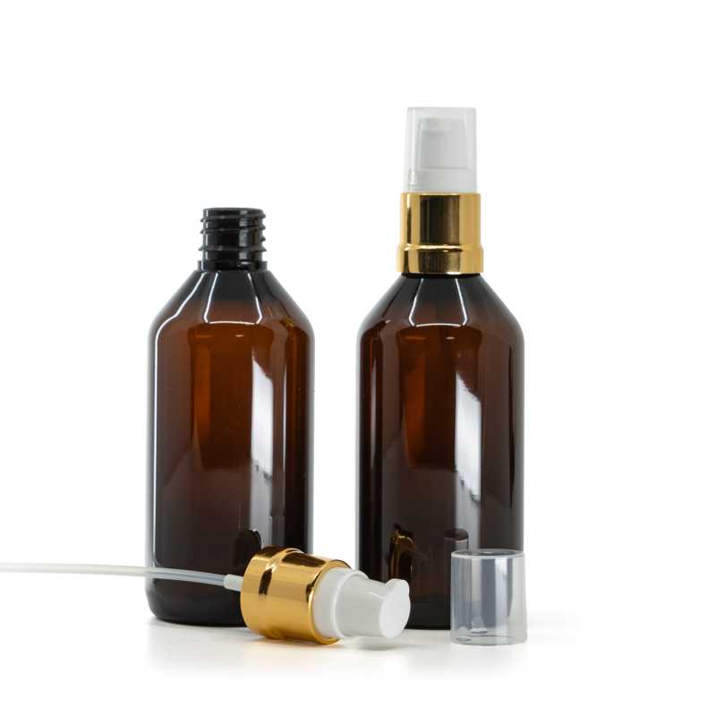 Amber Plastic Bottle, Glossy Golden White Pump, 115 ml