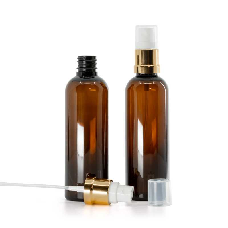 Amber Plastic Bottle, Gold White Spray, 100 ml