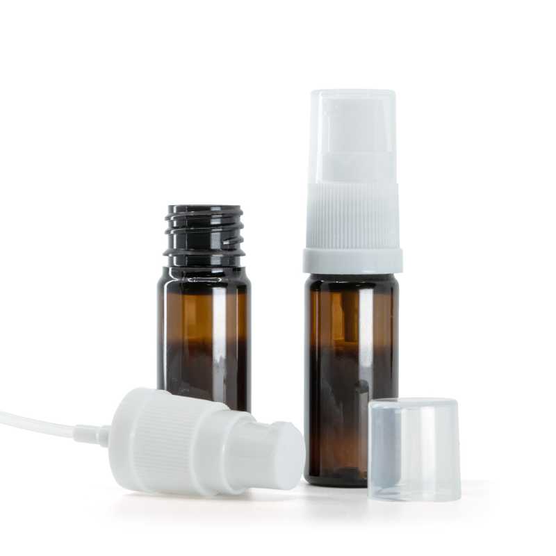 Amber Plastic Bottle, White Lotion Pump, 10 ml