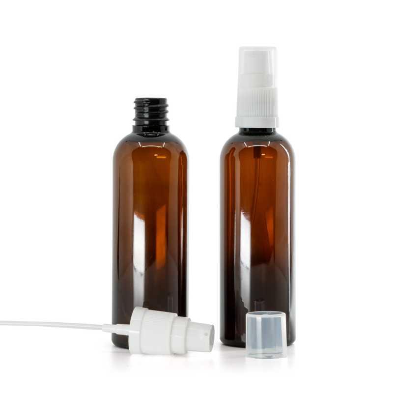 Amber Plastic Bottle, White Lotion Pump, 100 ml