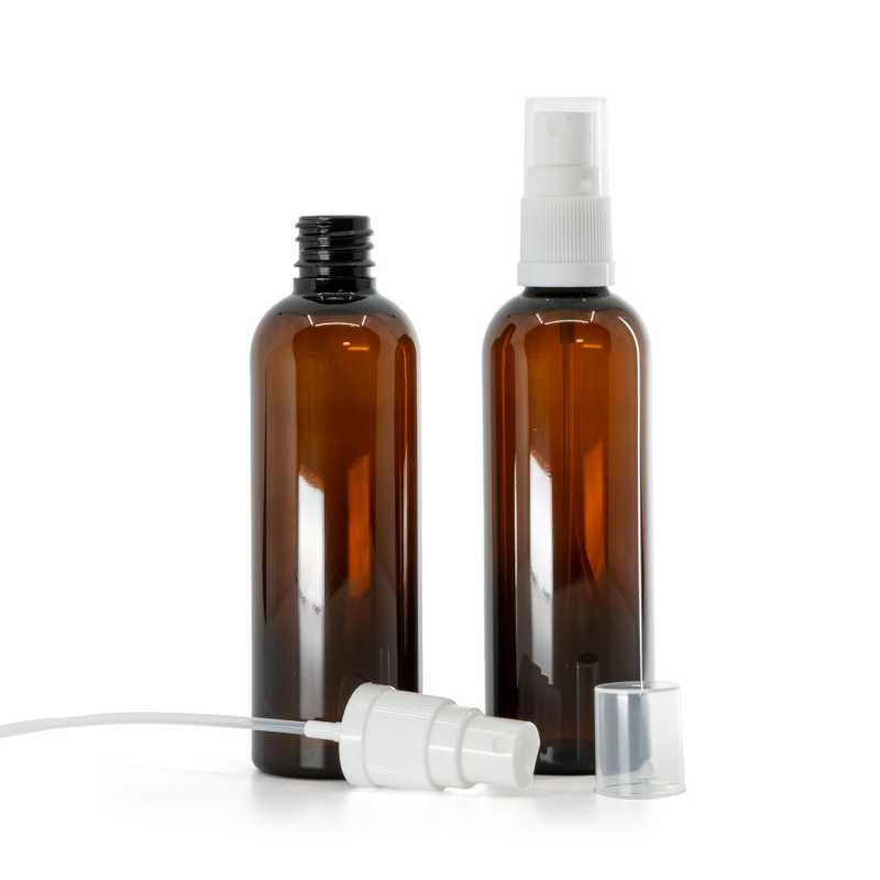 Amber Plastic Bottle, White Spray, 100 ml