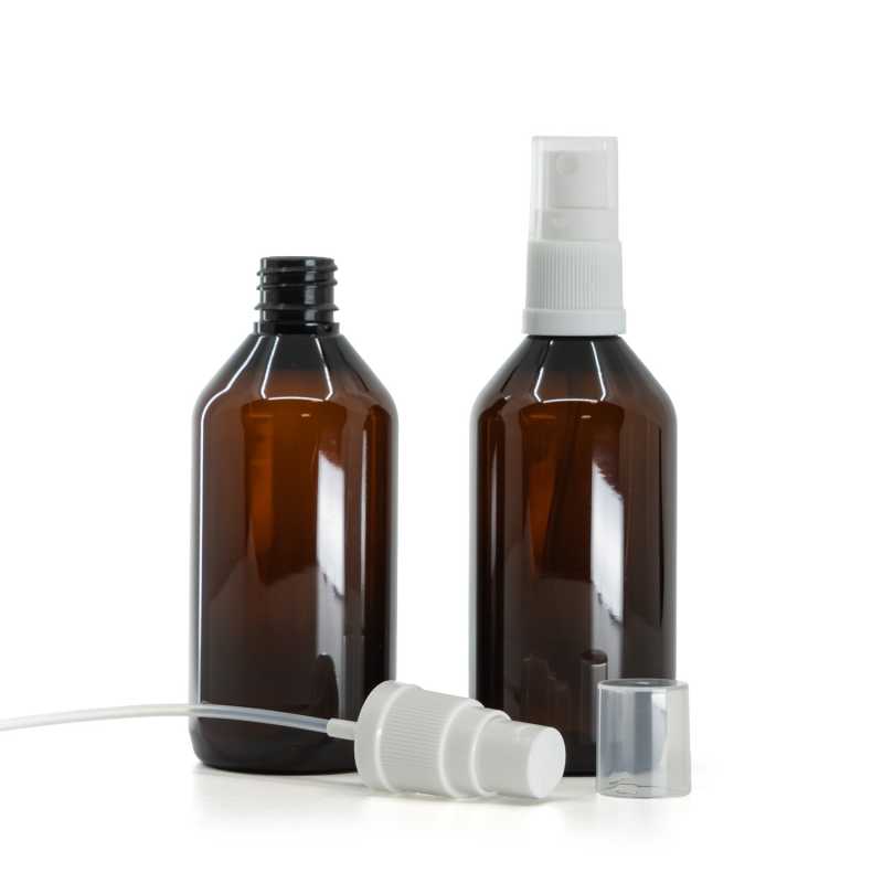 Amber Plastic Bottle, White Spray, 115 ml