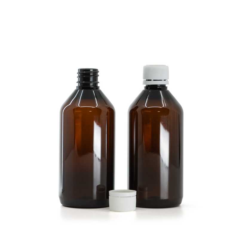 Amber Plastic Bottle, White Safety Cap, 115 ml