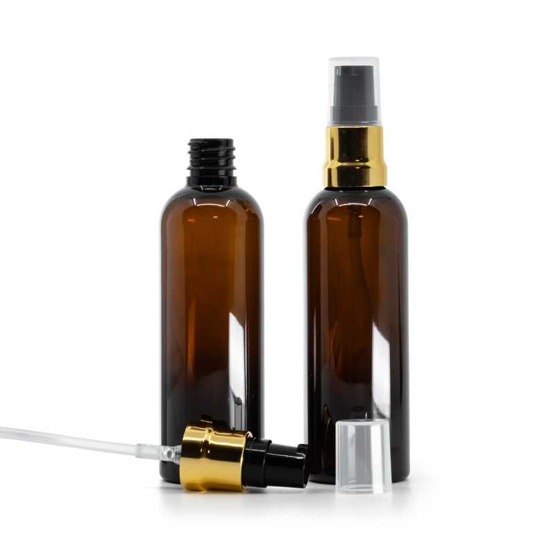 Amber Plastic Bottle, Glossy Gold Black Pump With Clear Overcap, 100 ml