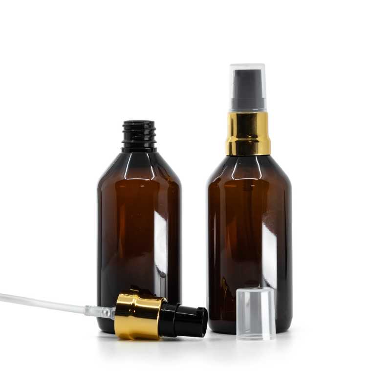 Amber Plastic Bottle, Glossy Gold Black Pump With Clear Overcap, 115 ml