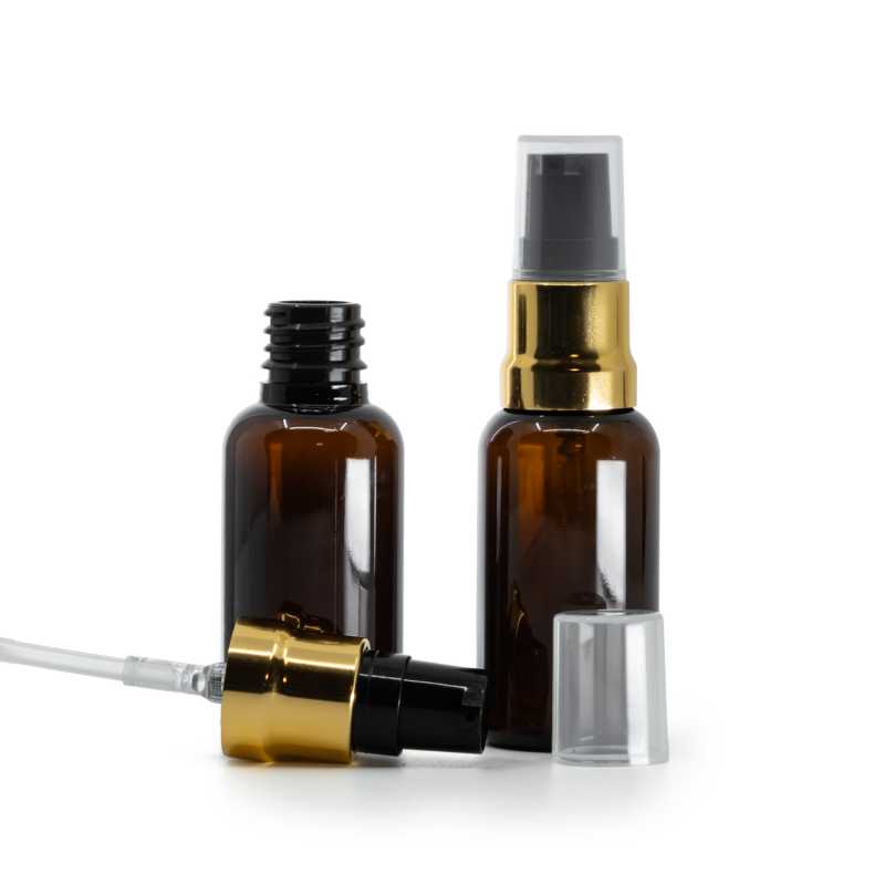 Amber Plastic Bottle, Glossy Gold Black Pump With Clear Overcap, 30 ml