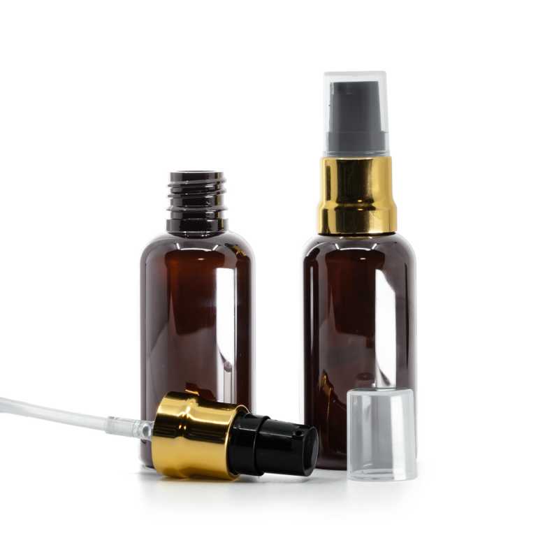 Amber Plastic Bottle, Glossy Gold Black Pump With Clear Overcap, 50 ml