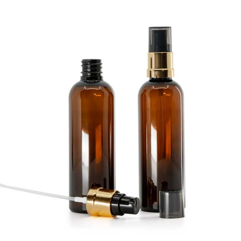 Amber Plastic Bottle, Glossy Golden Black Pump, 100 ml