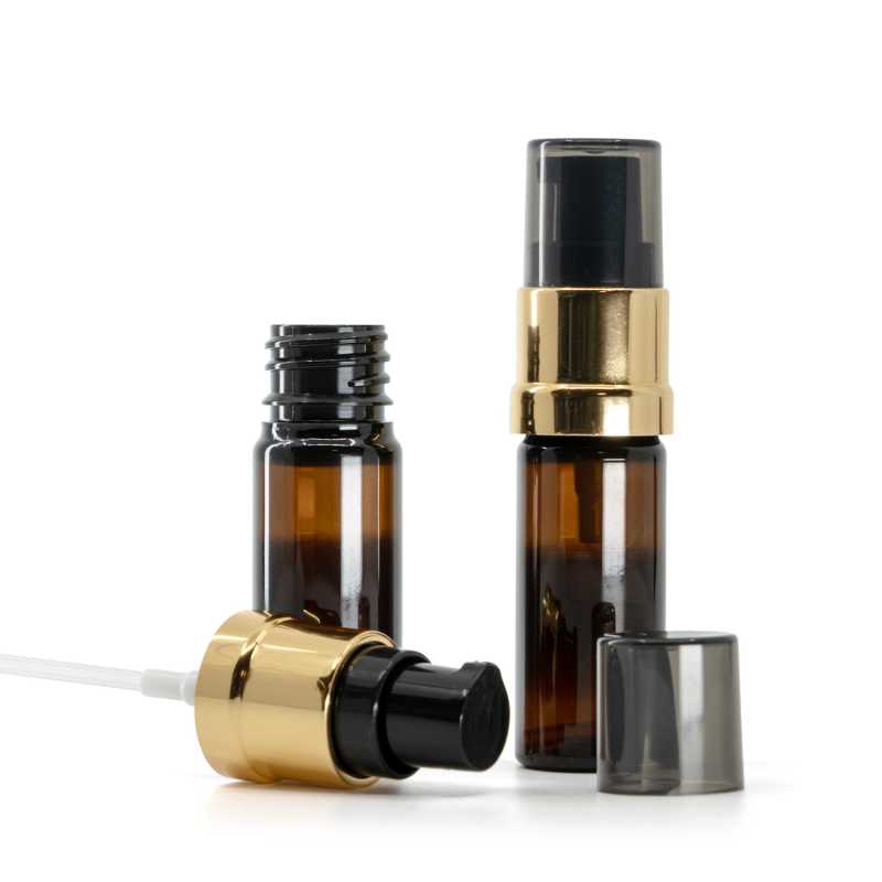 Amber Plastic Bottle, Glossy Gold Black Pump with Smoky Overcap, 10 ml