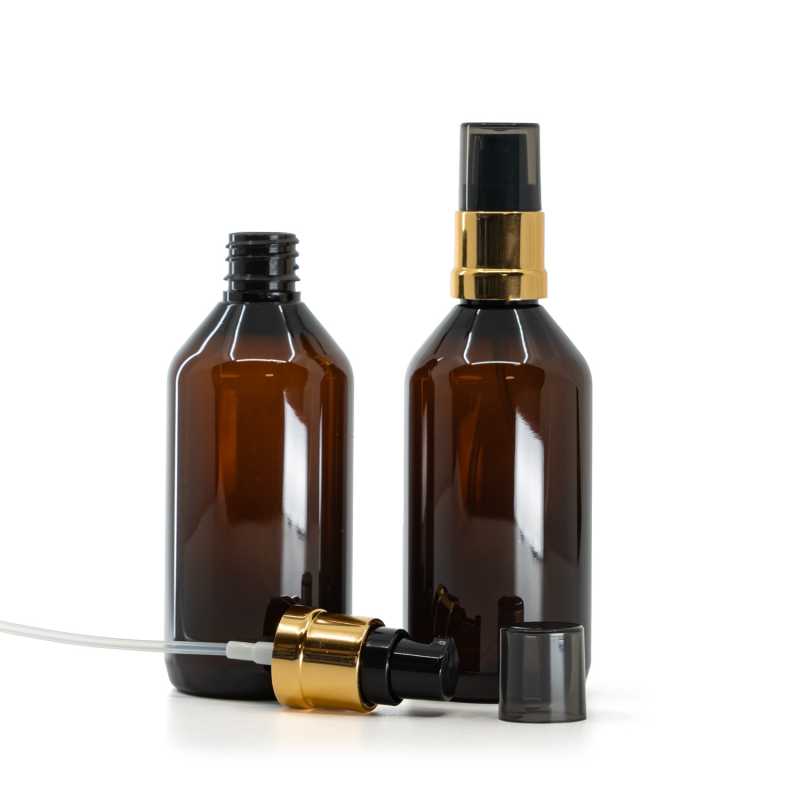 Amber Plastic Bottle, Glossy Golden Black Pump with Smoky Overcap, 115 ml
