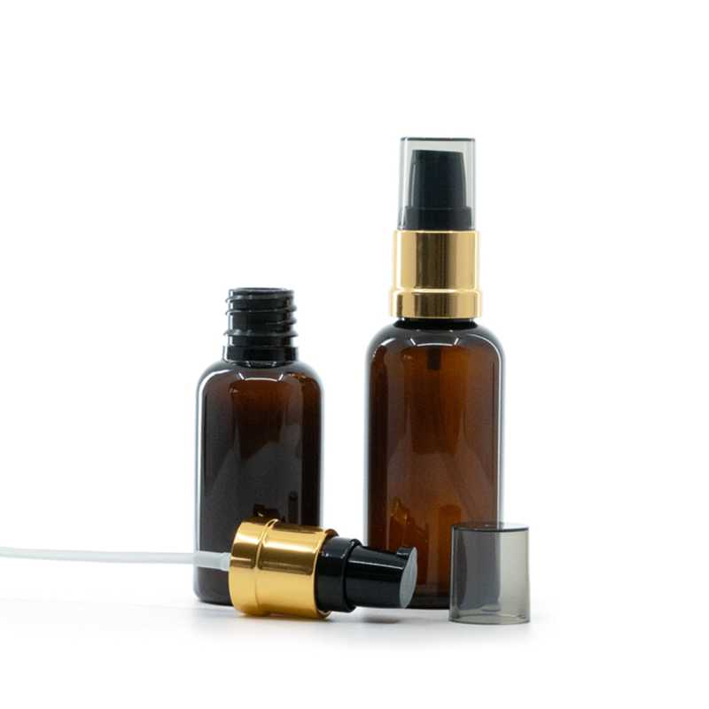 Amber Plastic Bottle, Glossy Gold Black Pump with Smoky Overcap, 30 ml