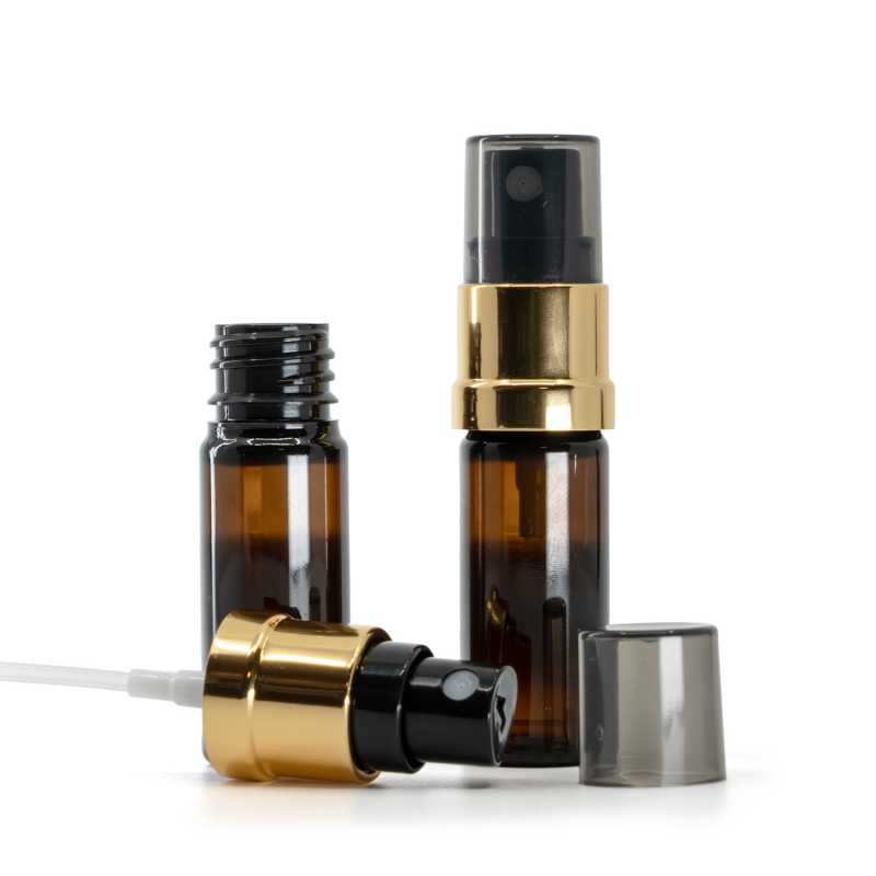 Amber Plastic Bottle, Gold Black Spray, Smokey Overcap, 10 ml