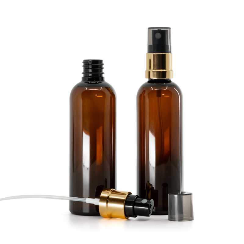 Amber Plastic Bottle, Gold Black Spray, Smokey Overcap, 100 ml