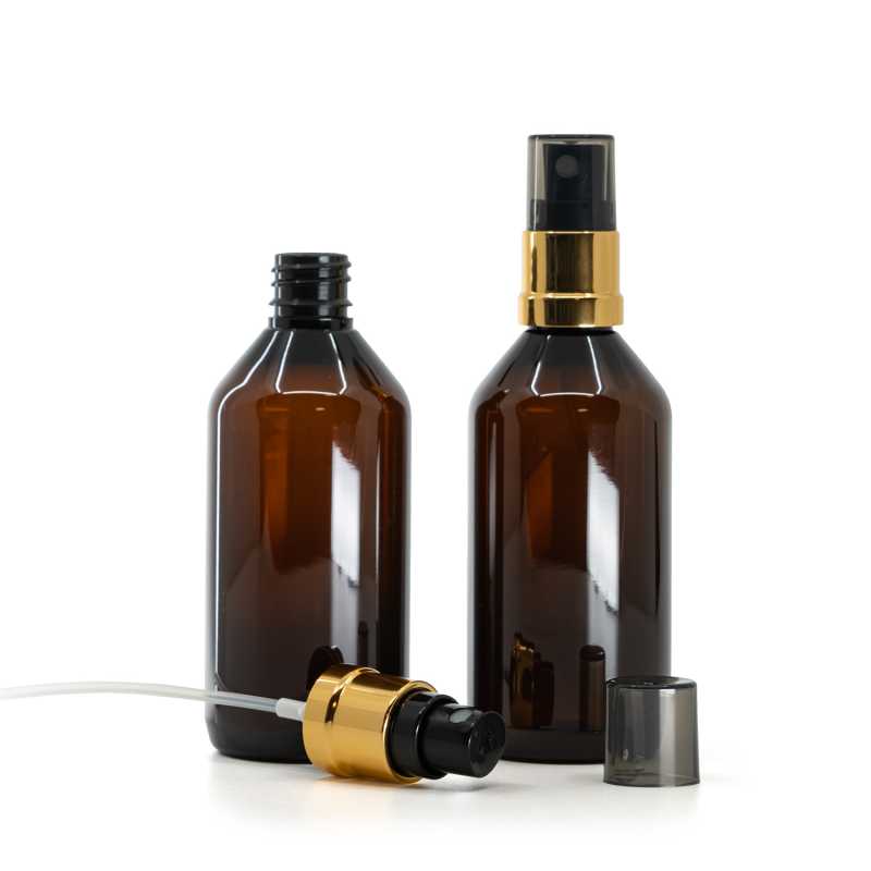 Amber Plastic Bottle, Gold Black Spray, Smokey Overcap, 115 ml