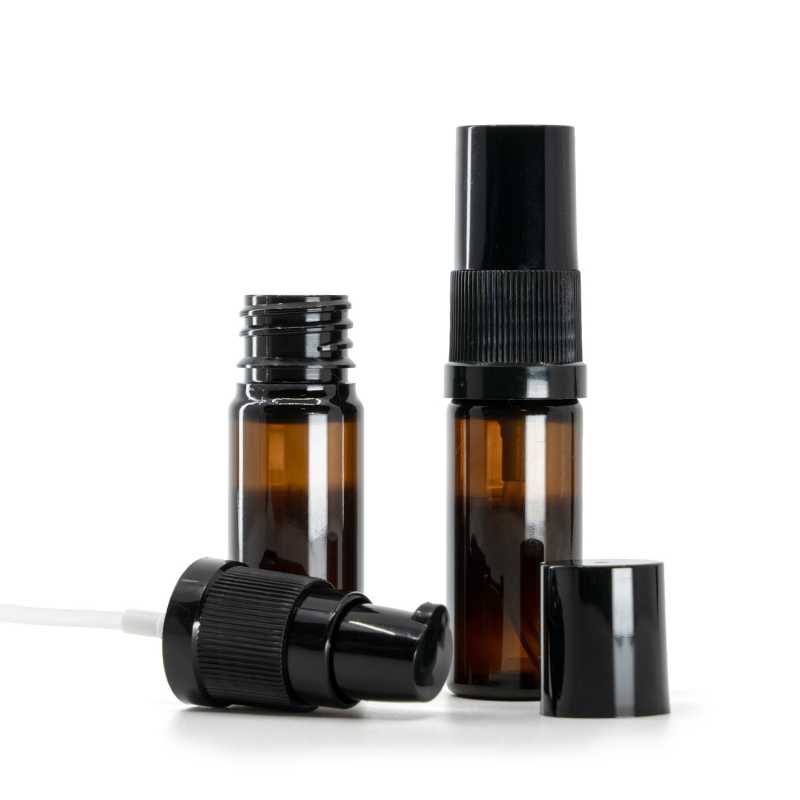 Amber Plastic Bottle, Black Lotion Pump with Black Overcap, 10 ml