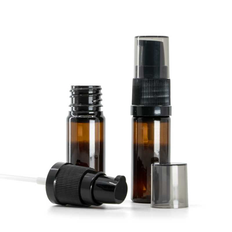 Amber Plastic Bottle, Black Lotion Pump with Smoky Overcap, 10 ml