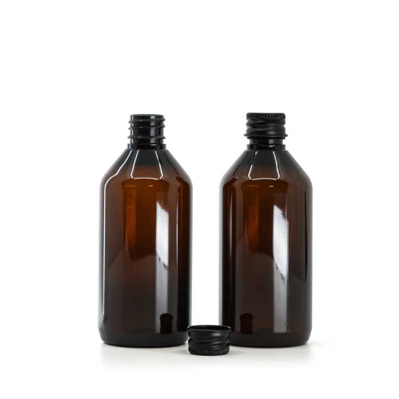 Amber Plastic Bottle, Black Aluminium Cap, 115 ml