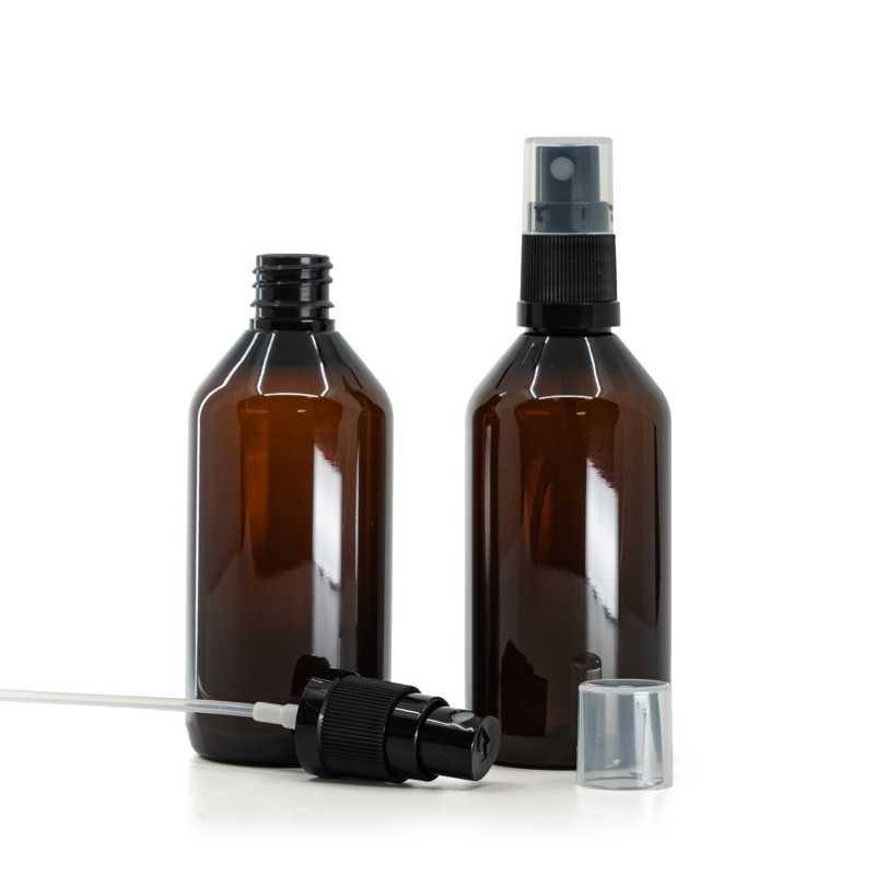 Amber Plastic Bottle, Fine Mist Sprayer, Black, 18/415, 115 mm tube lenght, 115 ml