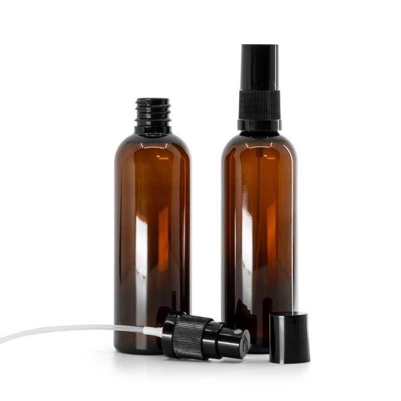 Amber Plastic Bottle, Black Fine Mist Sprayer, Black Overcap, 100 ml
