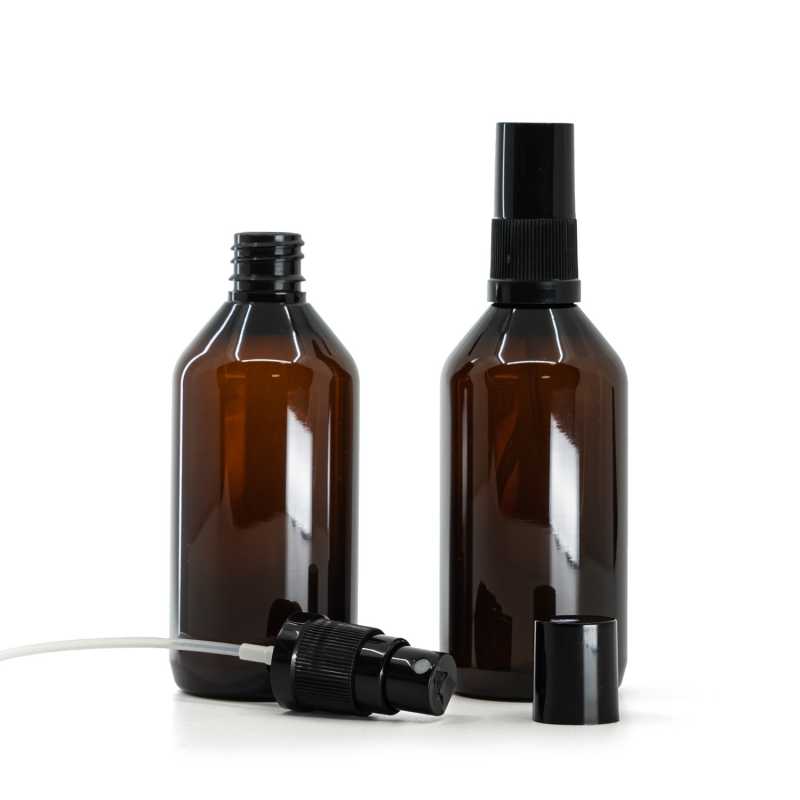 Amber Plastic Bottle, Black Fine Mist Sprayer, Black Overcap, 115 ml
