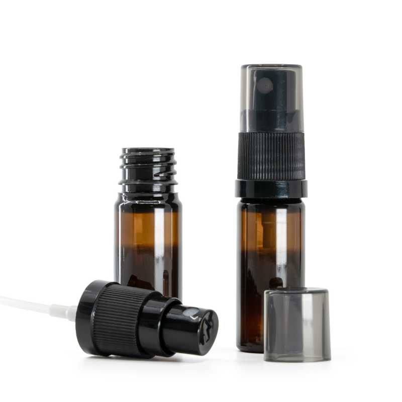 Amber Plastic Bottle, Black Fine Mist Sprayer, Smoky Overcap, 10 ml