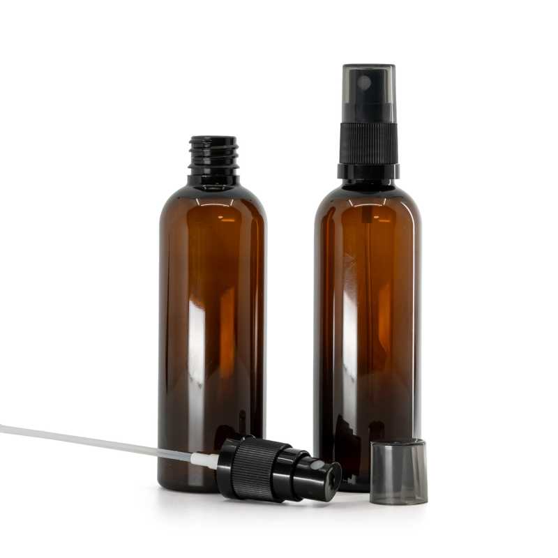 Amber Plastic Bottle, Black Fine Mist Sprayer, Smoky Overcap, 100 ml