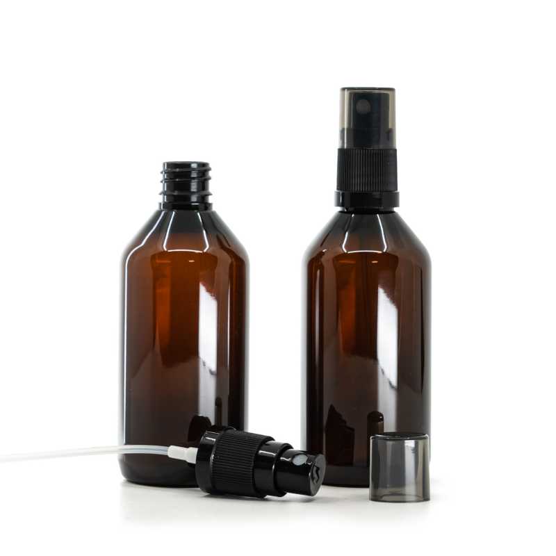 Amber Plastic Bottle, Black Fine Mist Sprayer, Smoky Overcap, 115 ml