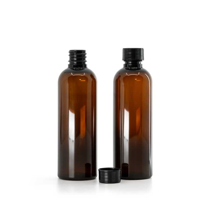 Amber Plastic Bottle, Black Plastic Cap, 18/410, 100 ml
