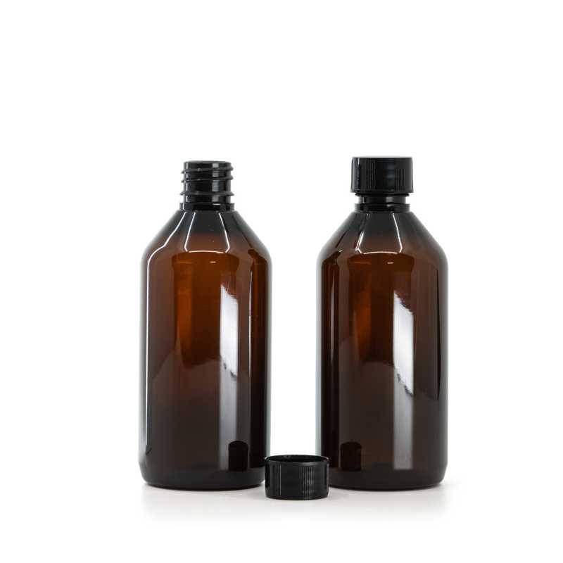Amber Plastic Bottle, Black Plastic Cap, 18/410, 115 ml