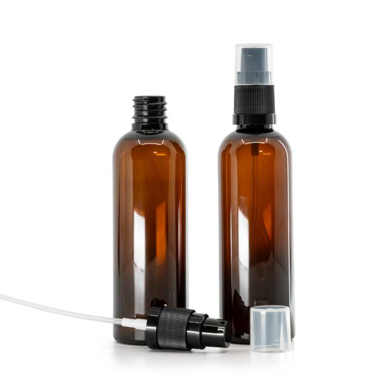 Amber Plastic Bottle, Black Lotion Pump, 100 ml