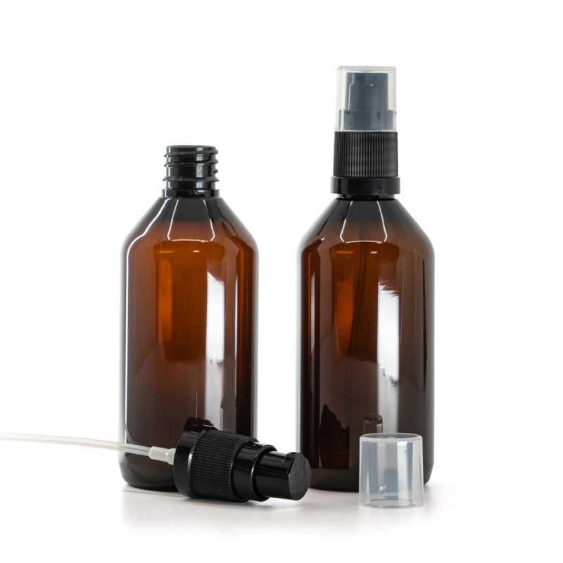 Amber Plastic Bottle, Black Lotion Pump, 115 ml