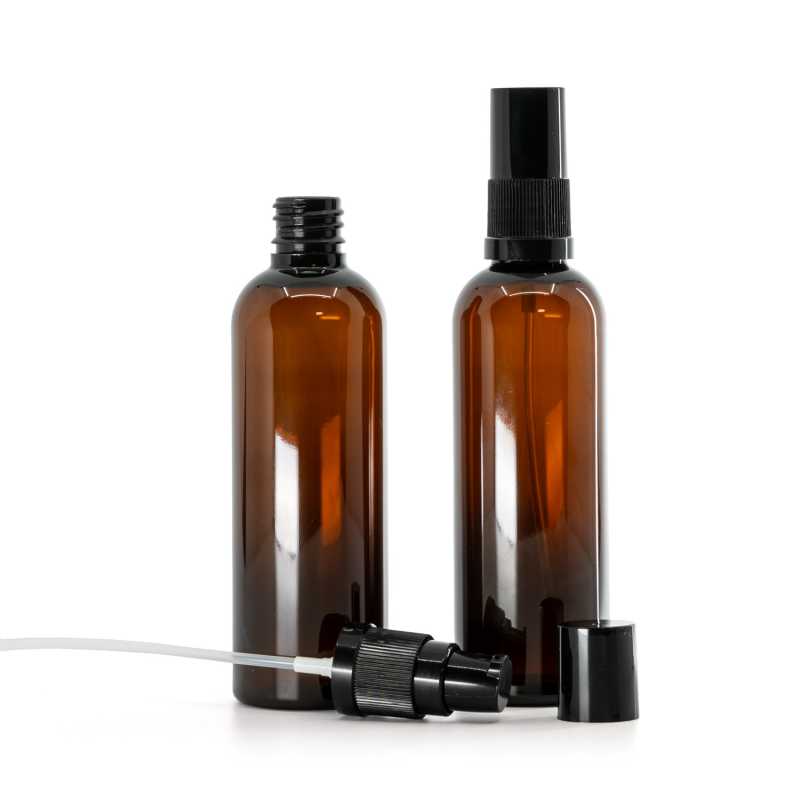 Amber Plastic Bottle, Black Lotion Pump with Black Overcap, 100 ml