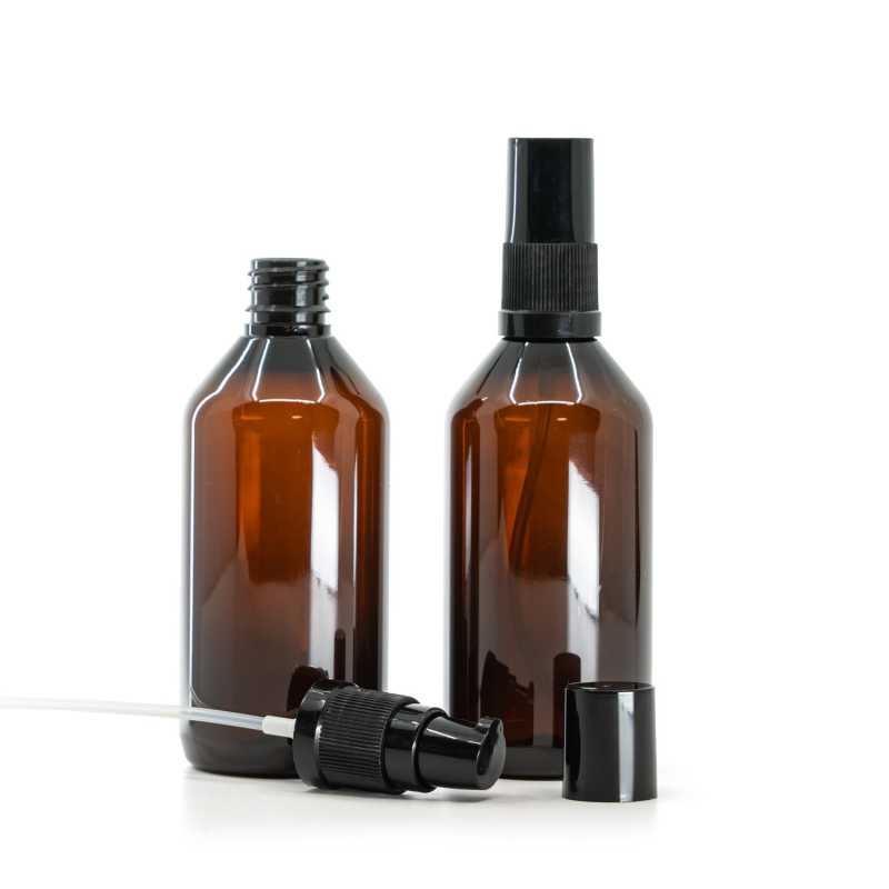 Amber Plastic Bottle, Black Lotion Pump with Black Overcap, 115 ml
