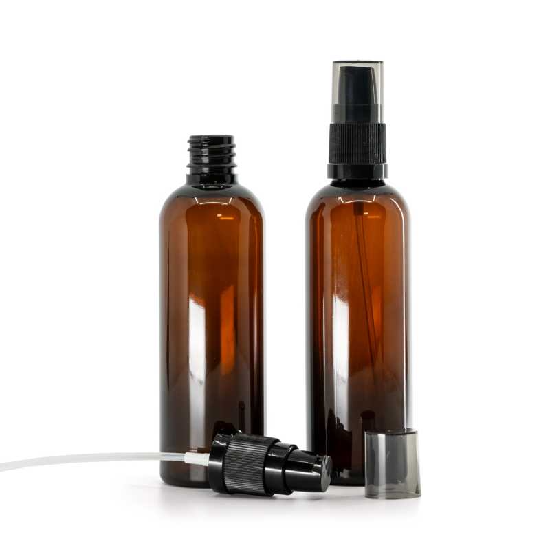 Amber Plastic Bottle, Black Lotion Pump with Smoky Overcap, 100 ml