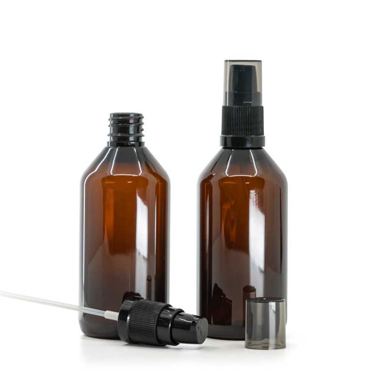 Amber Plastic Bottle, Black Lotion Pump with Smoky Overcap, 115 ml