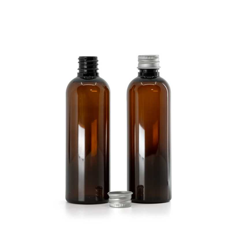 Amber Plastic Bottle, Silver Aluminium Cap, 18/410, 100 ml