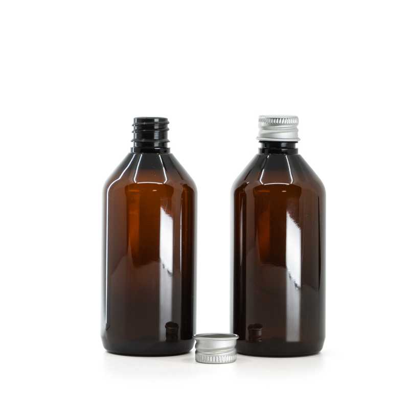 Amber Plastic Bottle, Silver Aluminium Cap, 18/410, 115 ml