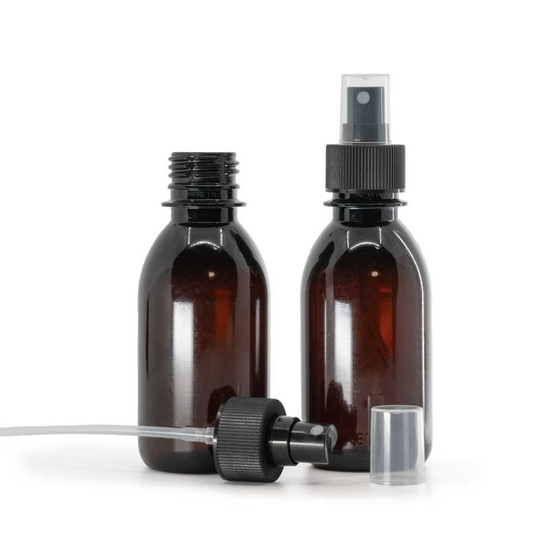 Brown Plastic Bottle, Fine Mist Sprayer, Black, Ribbed Collar, 28/410, 150 ml