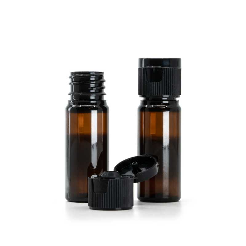 Amber Plastic Bottle, Black Plastic Flip Top Cap, 18/410, 10 ml