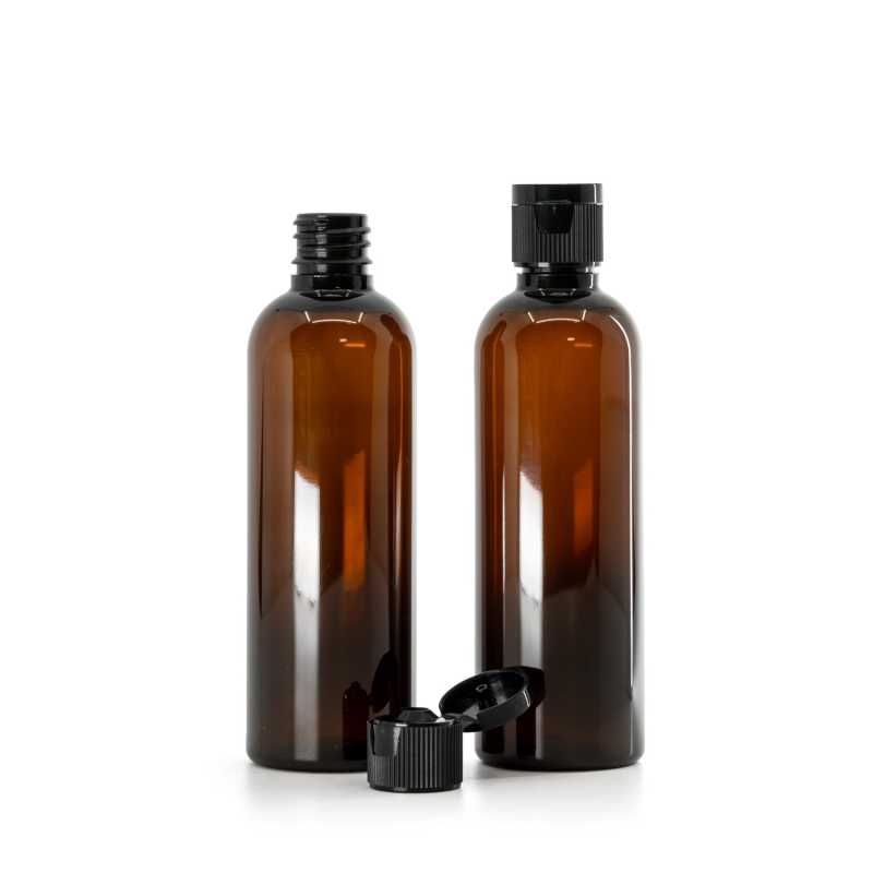 Amber Plastic Bottle, Black Plastic Flip Top Cap, 18/410, 100 ml