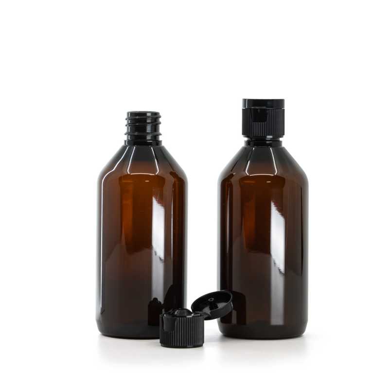 Amber Plastic Bottle, Black Plastic Flip Top Cap, 18/410, 115 ml