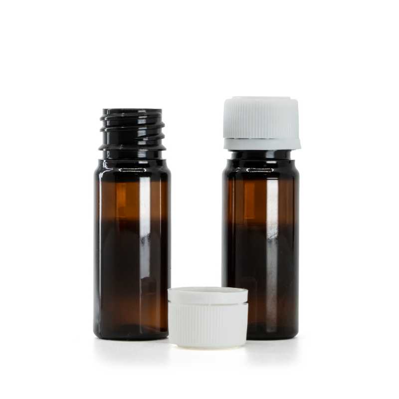 Amber Plastic Bottle, White Plastic Tamper Evident Cap, Ribbed, 18/410, 10 ml