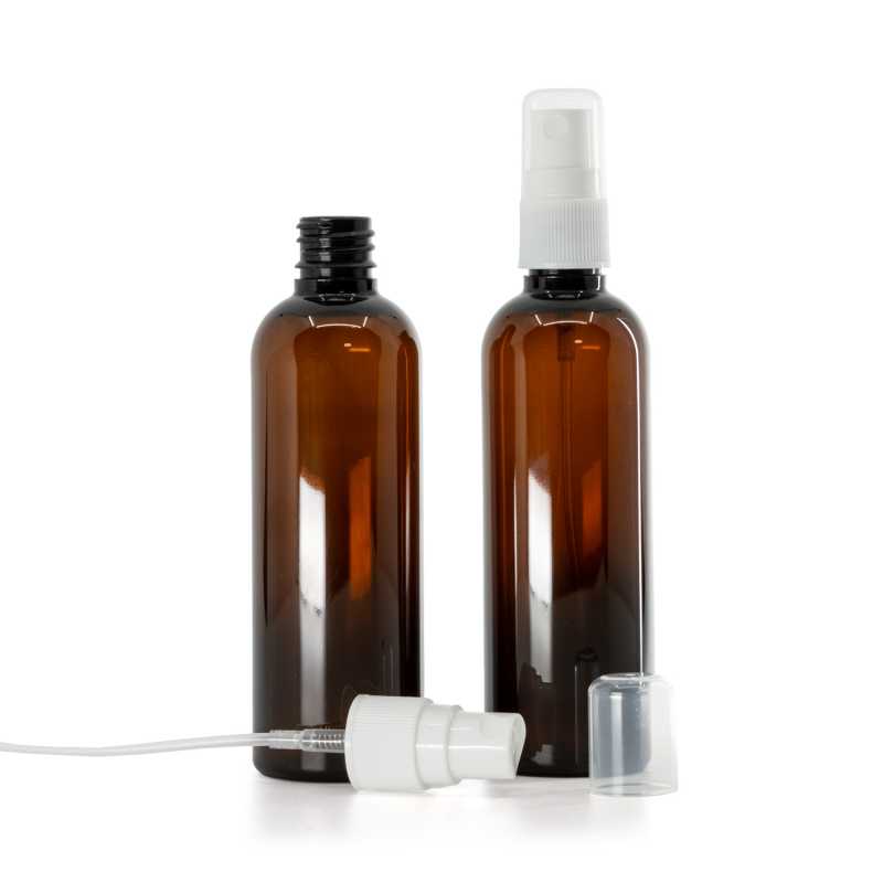 Amber Plastic Bottle, White Spray Pump For Plastic Bottle, 100 ml