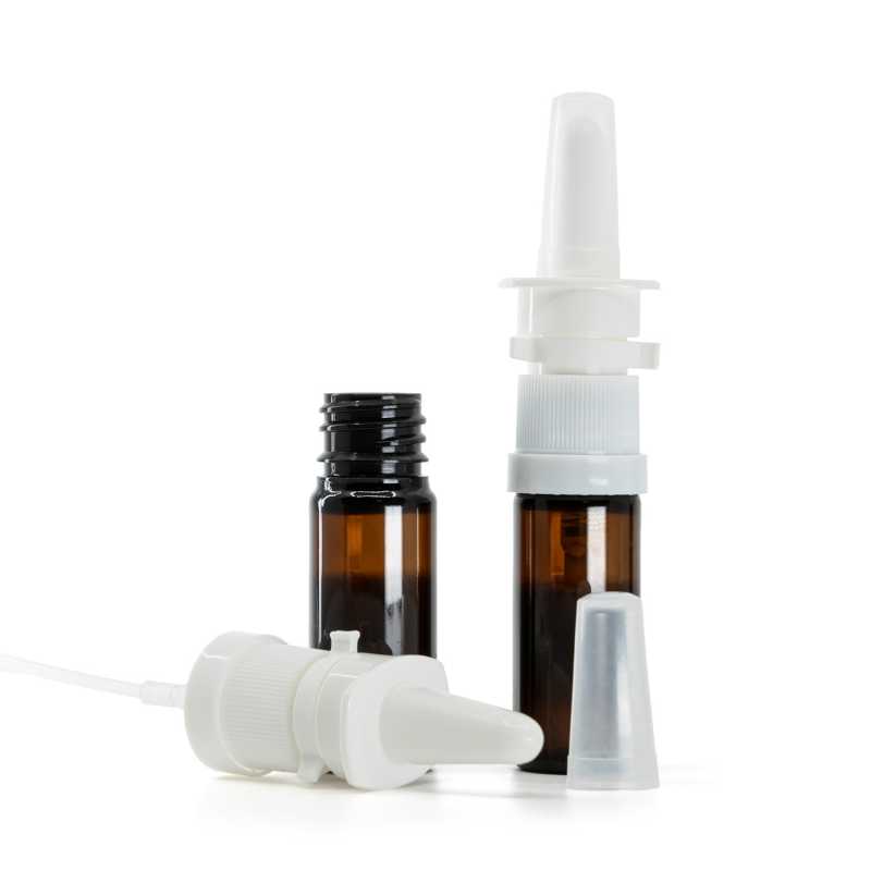 Amber Plastic Bottle, White Nasal Spray, 10 ml
