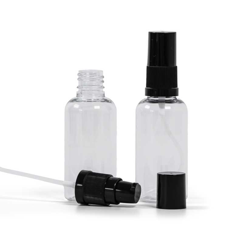 Clear Plastic Bottle, Black Lotion Pump with Black Overcap, 50 ml